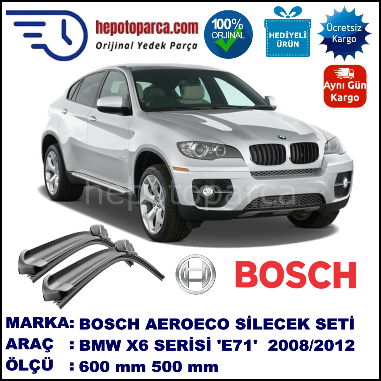 BMW X6 [E 71; E 72] 03.2008-..., 600 / 500 mm. BOSCH AEROECO Aparatlı Muz Silecek
