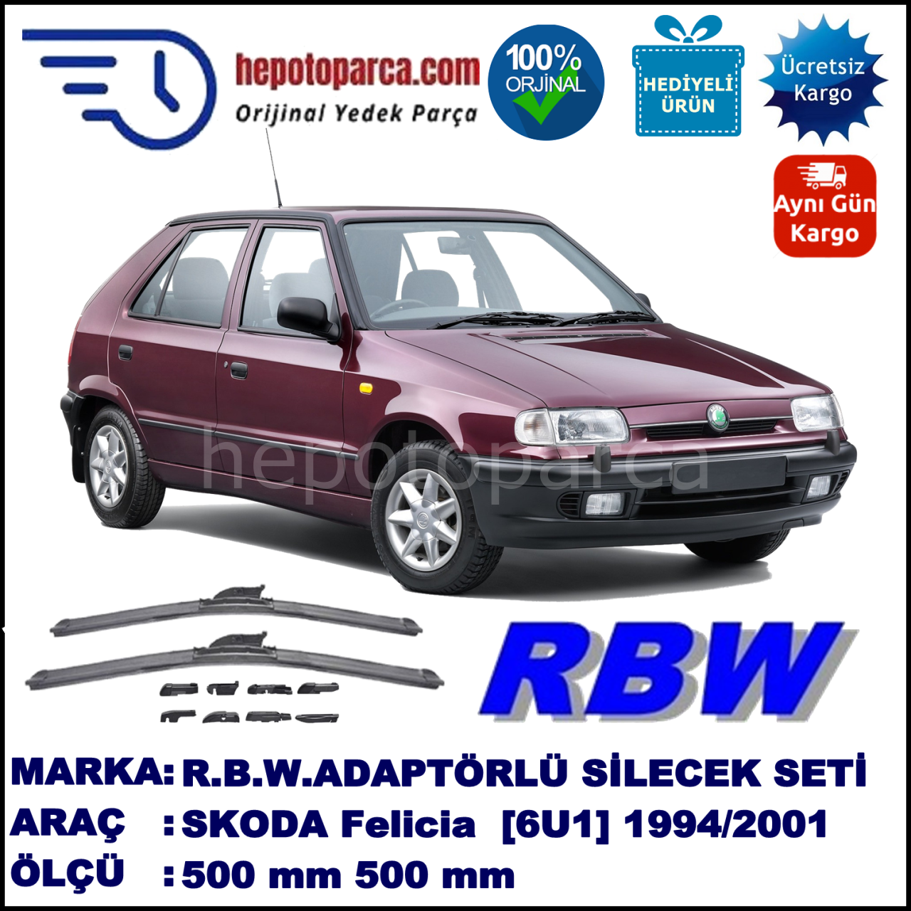 SKODA Felicia [6U1] 10.1994-08.2001, 500 / 500 mm.  RBW  ADAPTÖRLÜ MUZ SİLECEK SETİ
