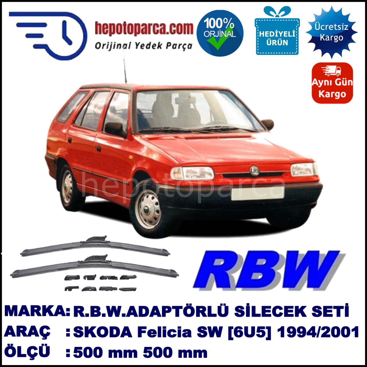 SKODA Felicia Combi [6U5] 10.1994-08.2001, 500 / 500 mm.  RBW  ADAPTÖRLÜ MUZ SİLECEK SETİ