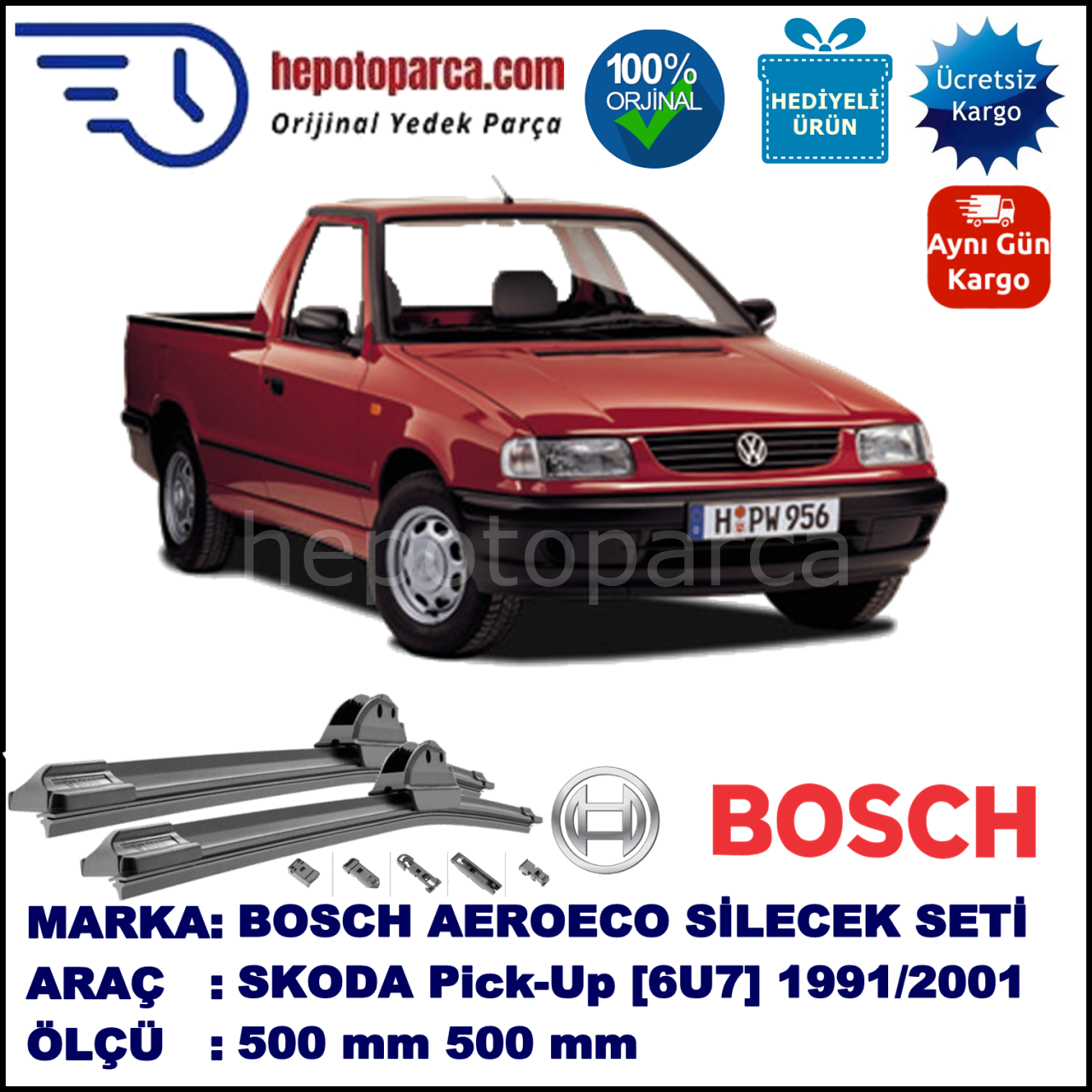 SKODA Pick-Up [6U7] 09.1991-03.2001, 500 / 500 mm. BOSCH AEROECO Aparatlı Muz Silecek