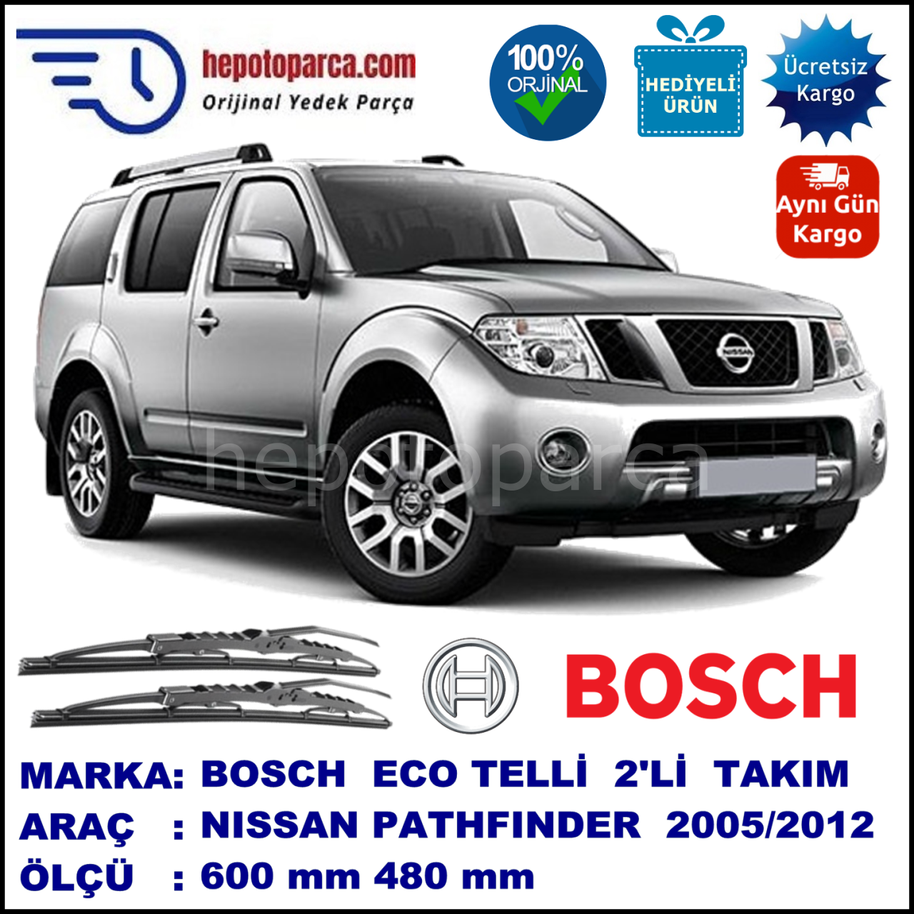 NISSAN Pathfinder [R51] 01.05-... 600 / 480 mm. BOSCH ECO Telli Silecek 2'li Takım