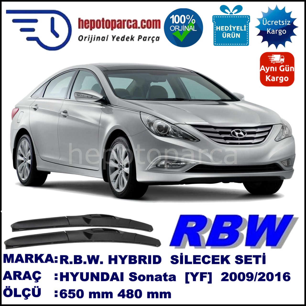 HYUNDAI Sonata [YF] 09.09-... 650 / 480 mm. RBW Hybrid Silecek Seti. U Kanca Uyumlu Hibrit