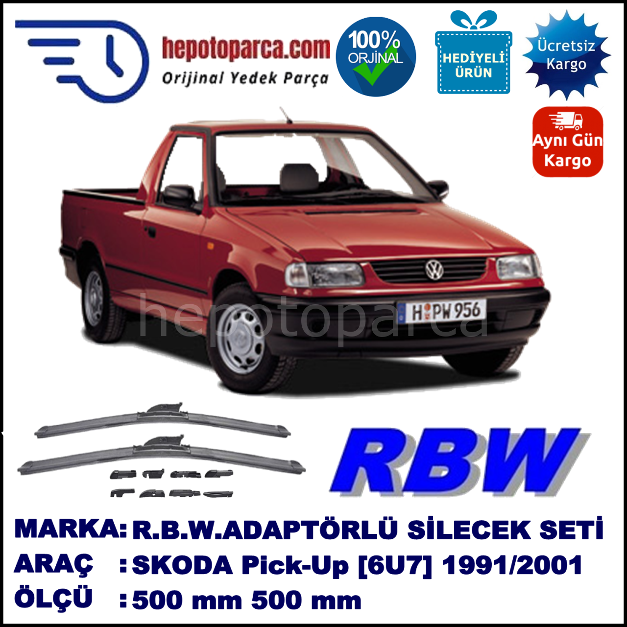 SKODA Pick-Up [6U7] 09.1991-03.2001, 500 / 500 mm.  RBW  ADAPTÖRLÜ MUZ SİLECEK SETİ