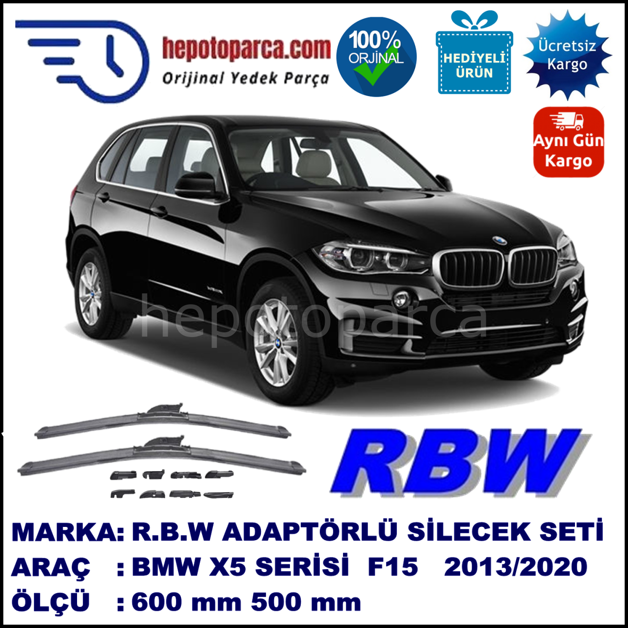 BMW X5 [F 15] 11.2013-..., 600 / 500 mm.  RBW  ADAPTÖRLÜ MUZ SİLECEK SETİ