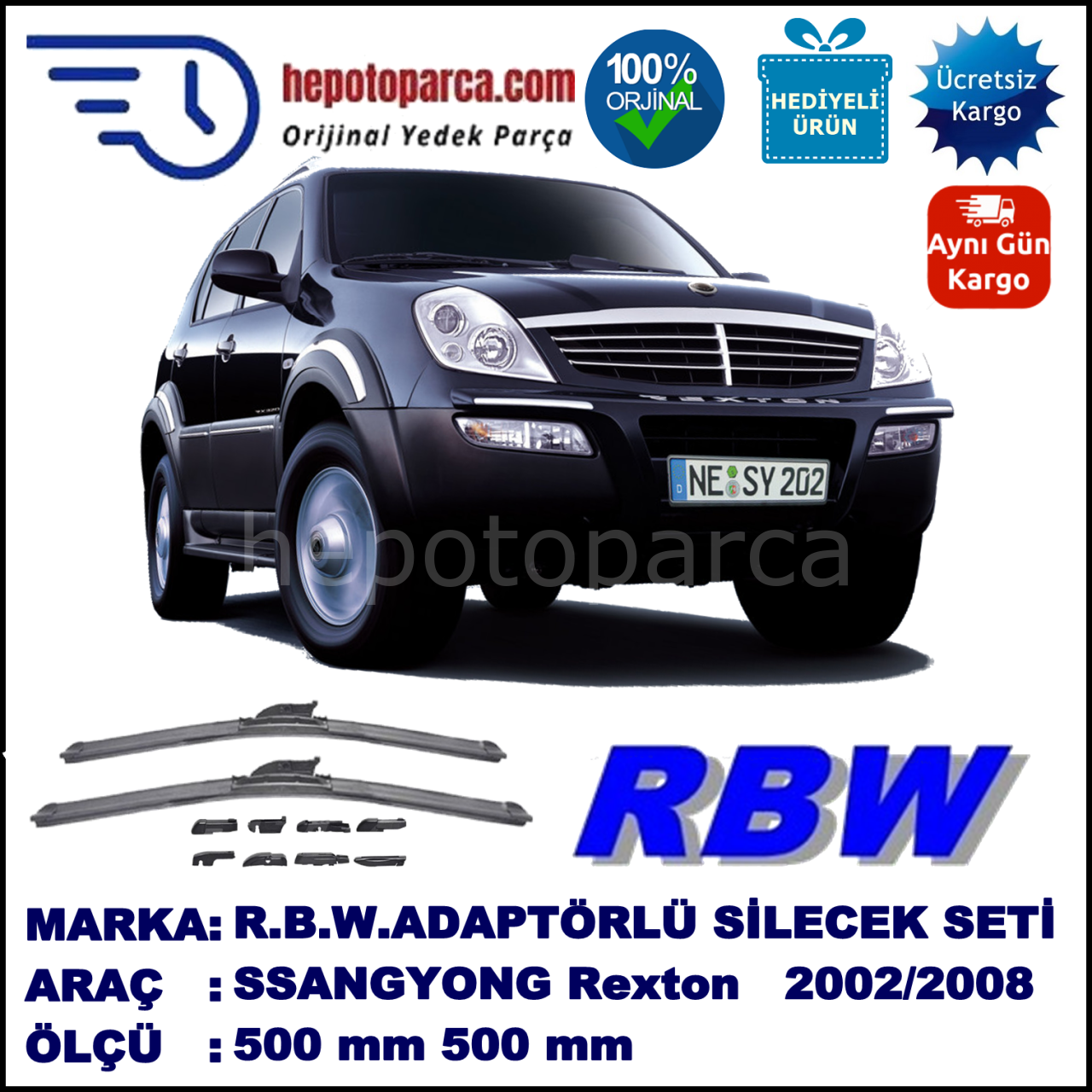 SSANGYONG Rexton  05.2002-..., 500 / 500 mm.  RBW  ADAPTÖRLÜ MUZ SİLECEK SETİ