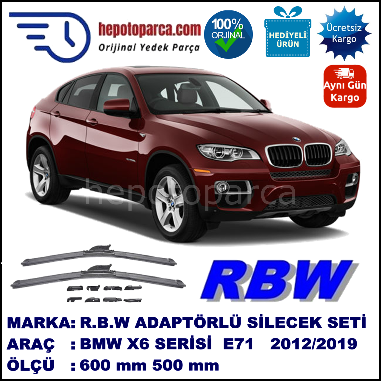 BMW X6 [E 71; E 72] 04.2012-..., 600 / 500 mm.  RBW  ADAPTÖRLÜ MUZ SİLECEK SETİ