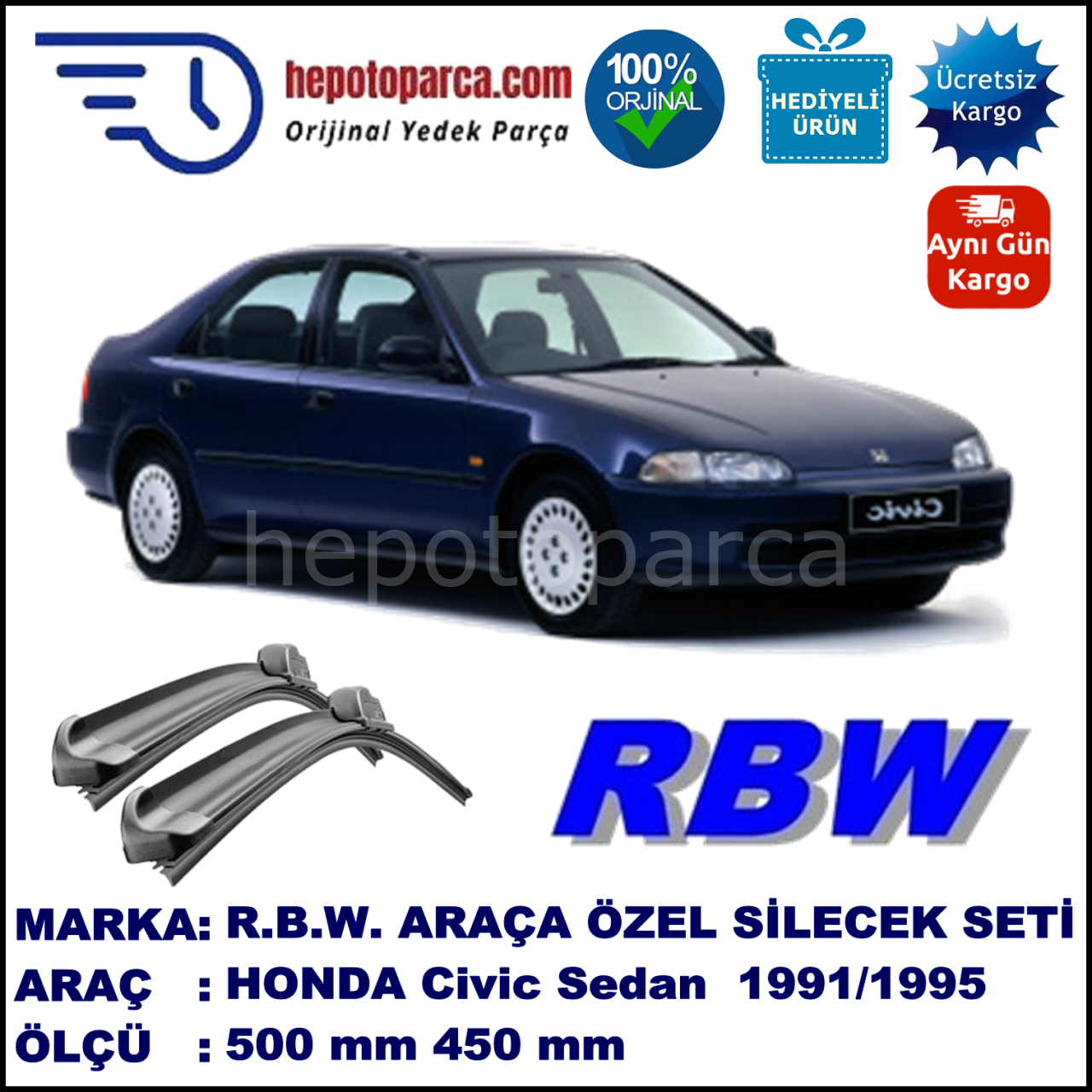 HONDA Civic Sedan [EG/EH] 10.91-09.95 500 / 450 mm. RBW Muz Silecek Seti  2'li Takım. U Kanca Uyumludur.