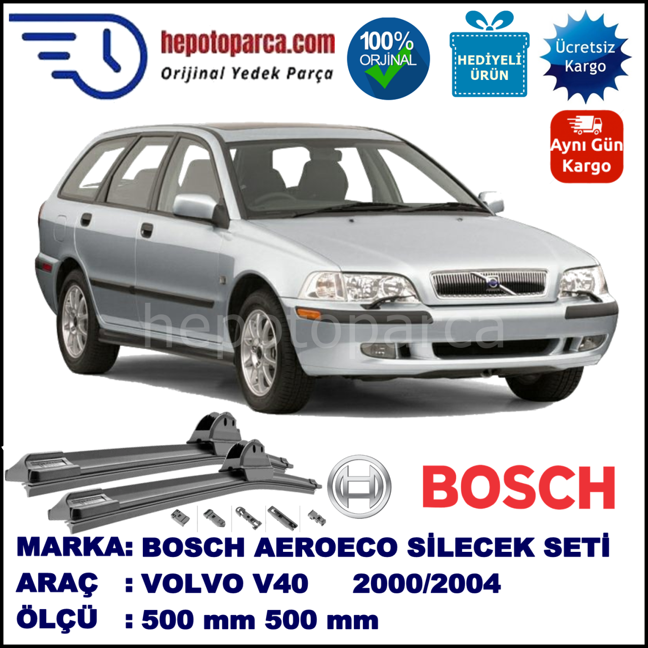 VOLVO V40 I  05.2000-06.2004, 500 / 500 mm. BOSCH AEROECO Aparatlı Muz Silecek