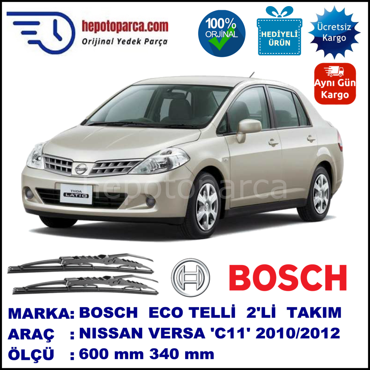 NISSAN Versa [C11] 09.10-08.12 600 / 340 mm. BOSCH ECO Telli Silecek 2'li Takım