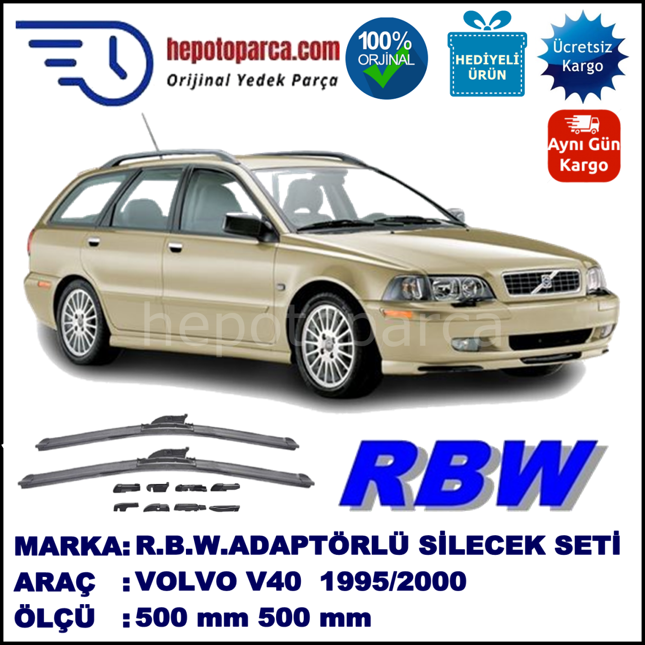 VOLVO V40 I  01.1995-04.2000, 500 / 500 mm.  RBW  ADAPTÖRLÜ MUZ SİLECEK SETİ