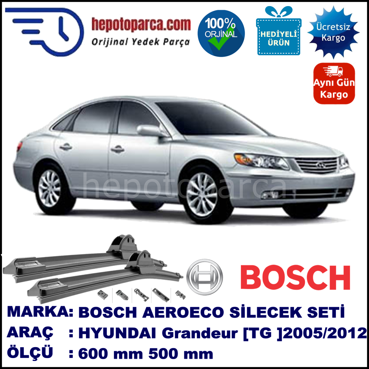 HYUNDAI Grandeur [TG] 07.2005-..., 600 / 500 mm. BOSCH AEROECO Aparatlı Muz Silecek
