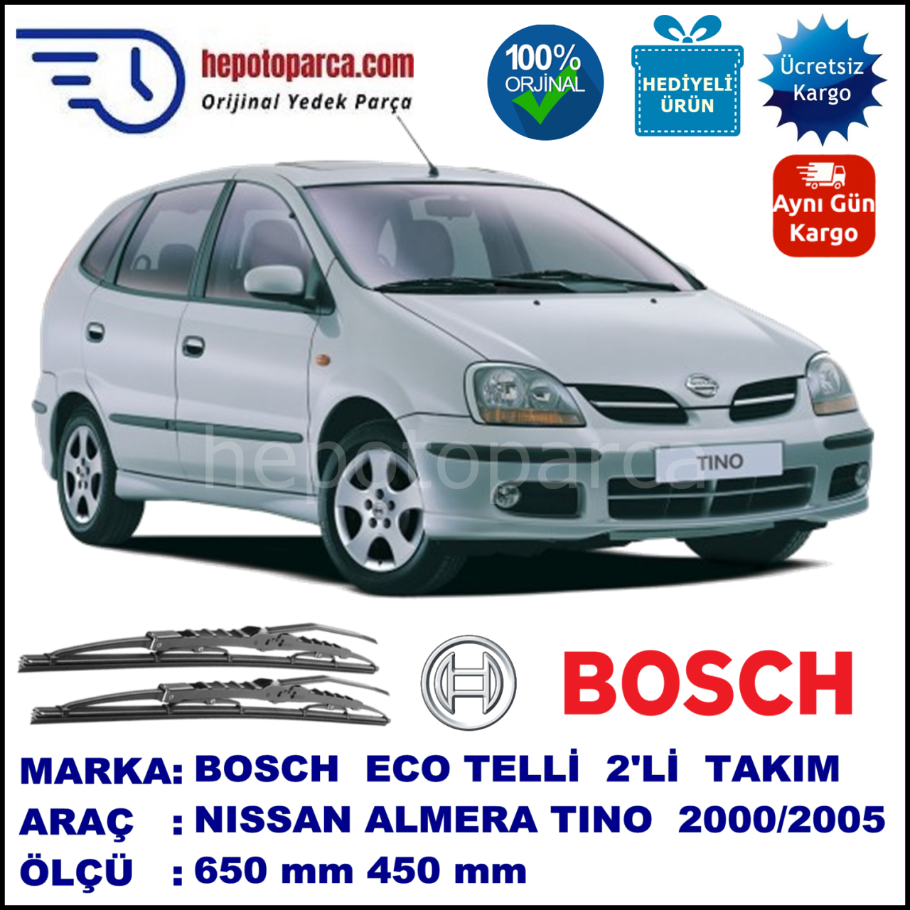 NISSAN Almera Tino [V10M] 05.00-12.05 650 / 450 mm. BOSCH ECO Telli Silecek 2'li Takım