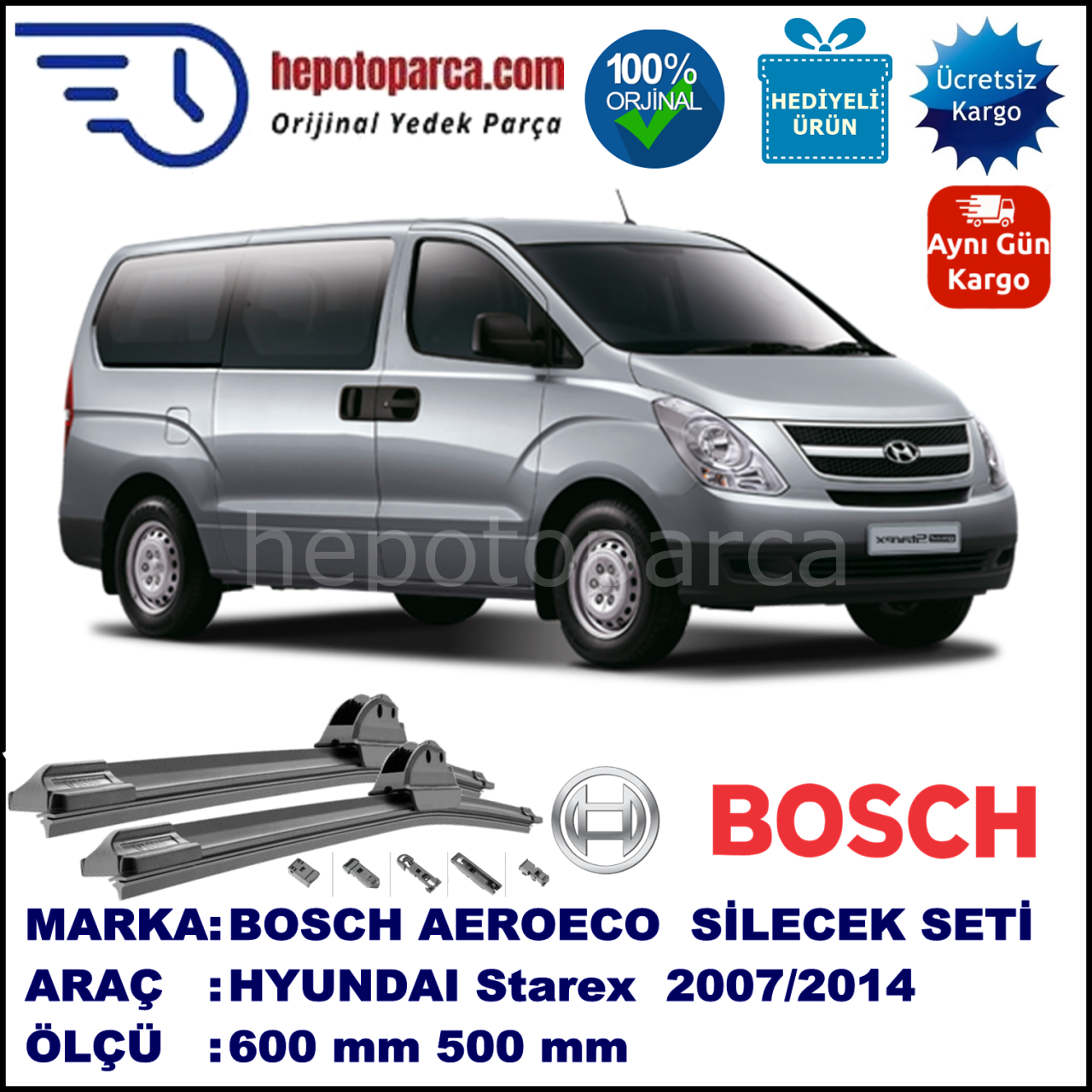 HYUNDAI Starex  05.2007-..., 600 / 500 mm. BOSCH AEROECO Aparatlı Muz Silecek