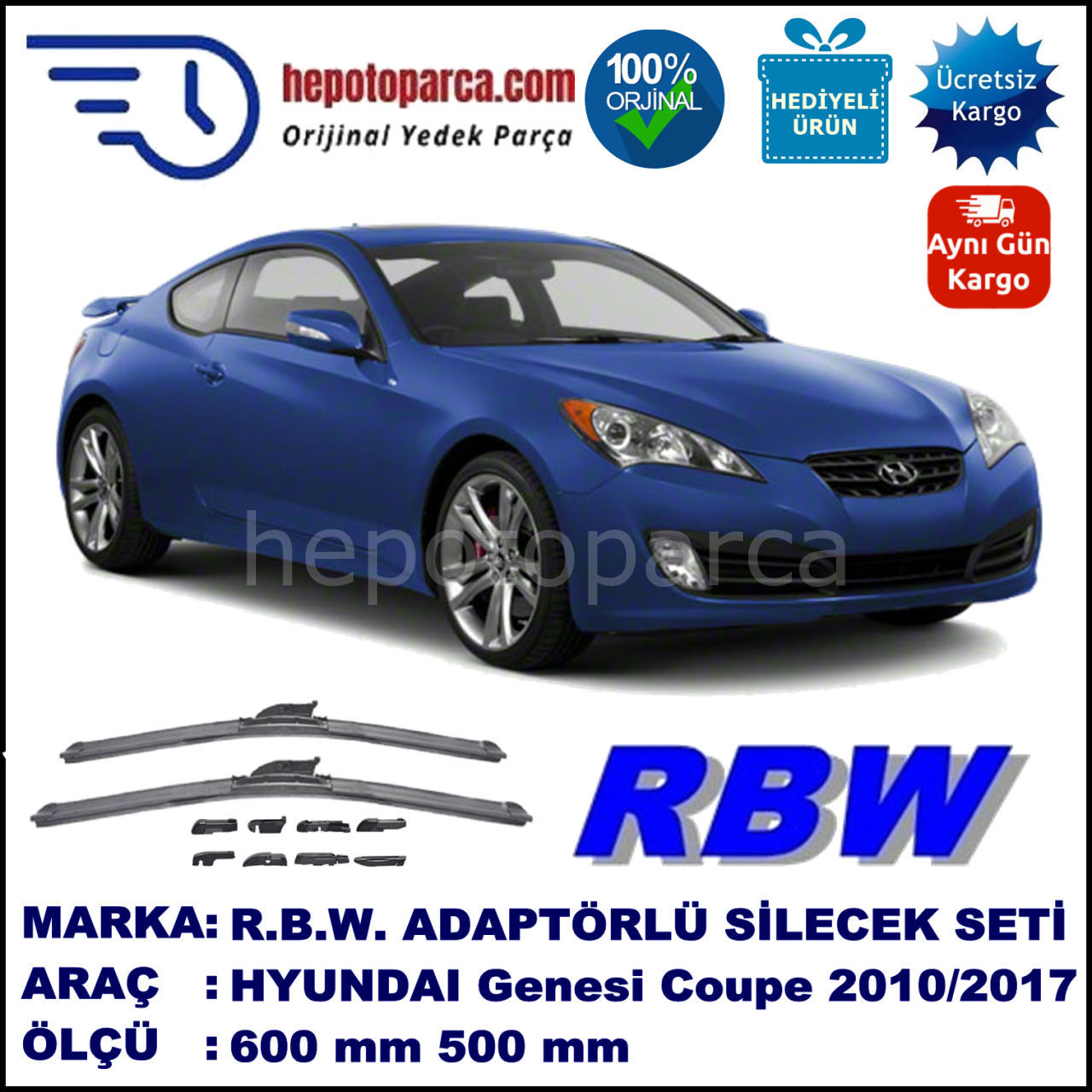 HYUNDAI Genesis Coupe [DK] 11.2010-..., 600 / 500 mm.  RBW  ADAPTÖRLÜ MUZ SİLECEK SETİ