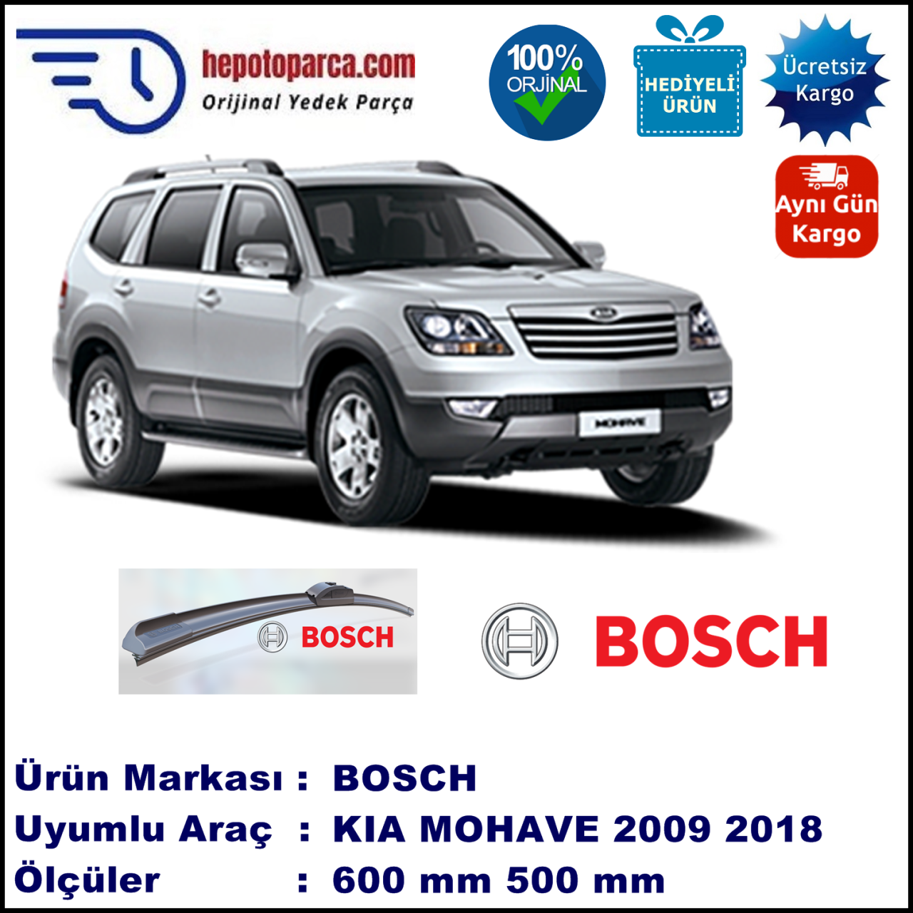 KIA Mohave  01.2009-..., 600 / 500 mm. BOSCH AEROECO Aparatlı Muz Silecek