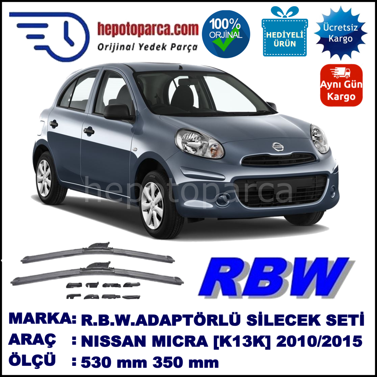 NISSAN Micra [K13K] 07.2010-..., 530 / 350 mm.  RBW  ADAPTÖRLÜ MUZ SİLECEK SETİ