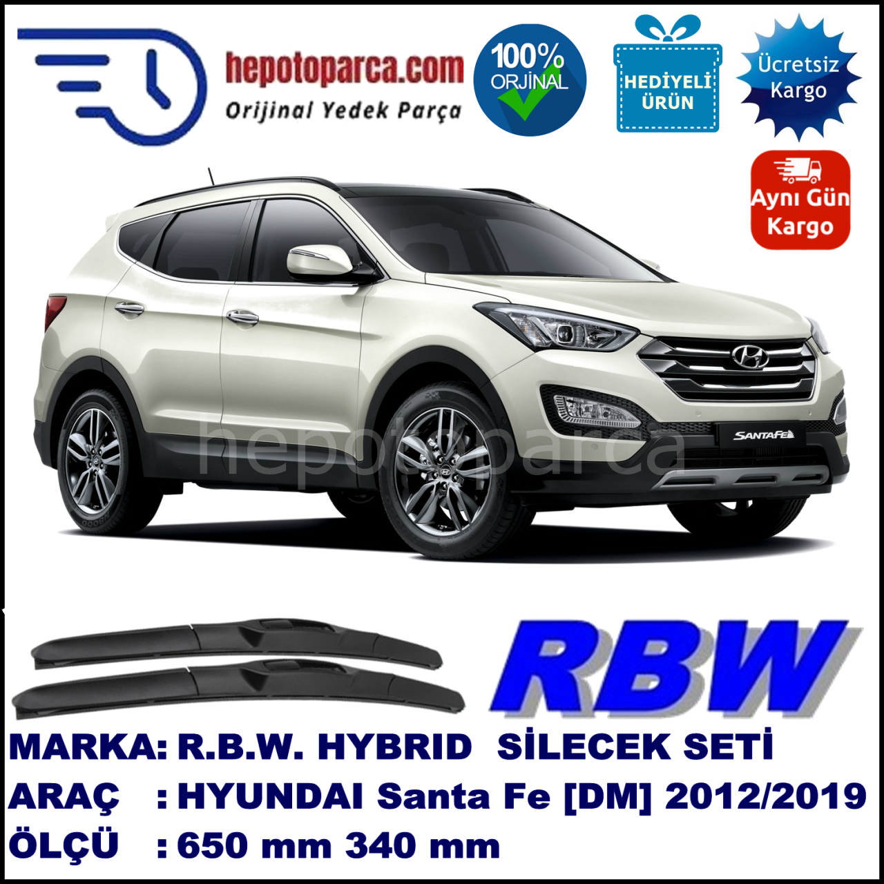 HYUNDAI Santa Fe [DM] 06.12-... 650 / 340 mm. RBW Hybrid Silecek Seti. U Kanca Uyumlu Hibrit
