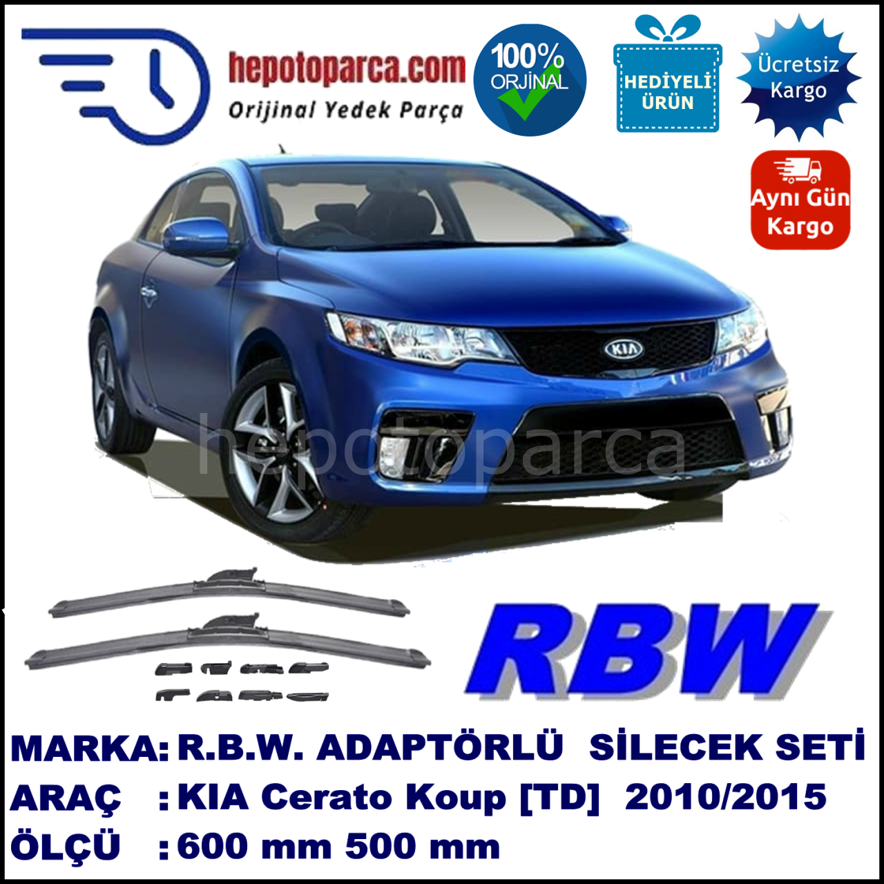 KIA Cerato Koup [TD] 08.2010-..., 600 / 500 mm.  RBW  ADAPTÖRLÜ MUZ SİLECEK SETİ
