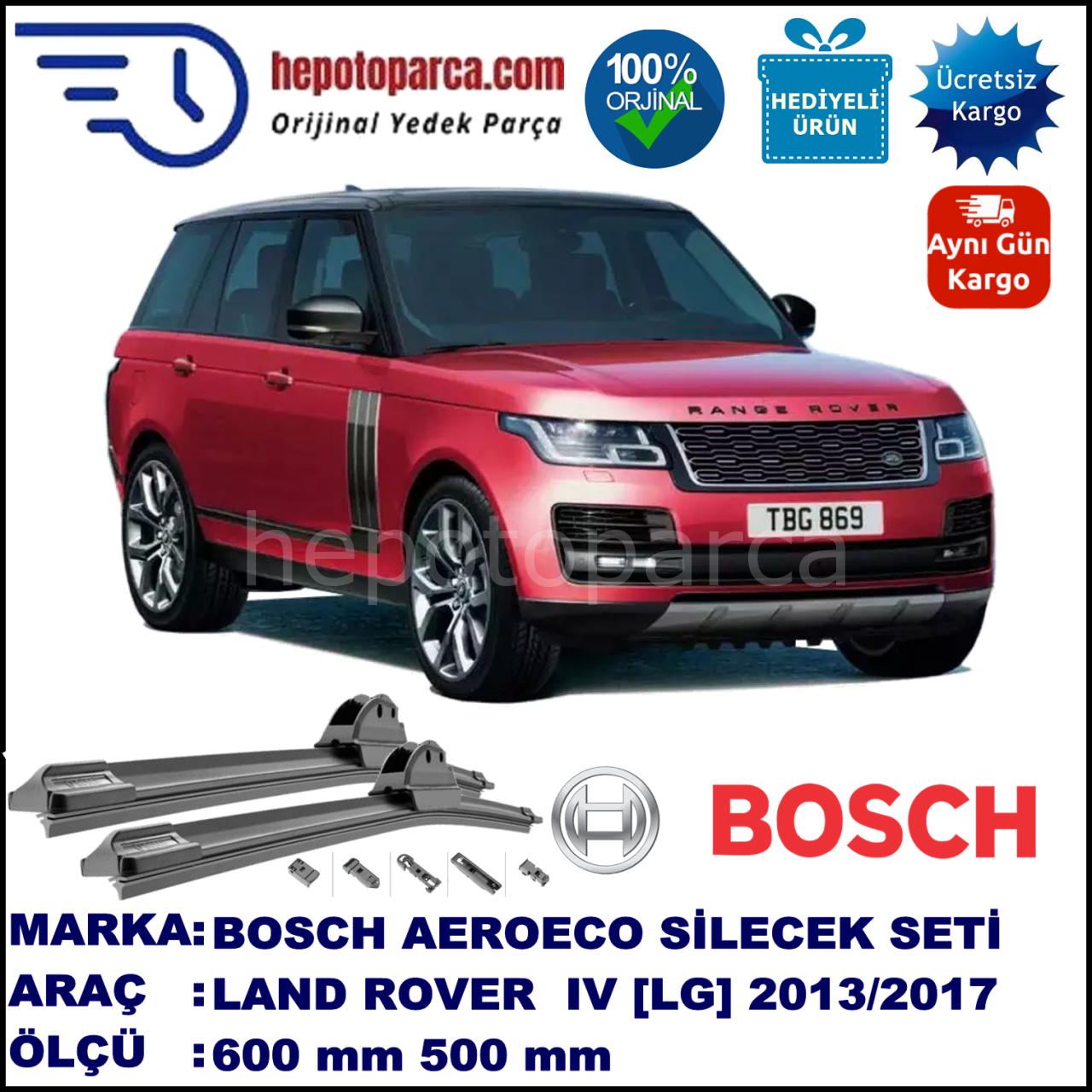 LAND ROVER  Range Rover IV [LG] 02.2013-..., 600 / 500 mm. BOSCH AEROECO Aparatlı Muz Silecek
