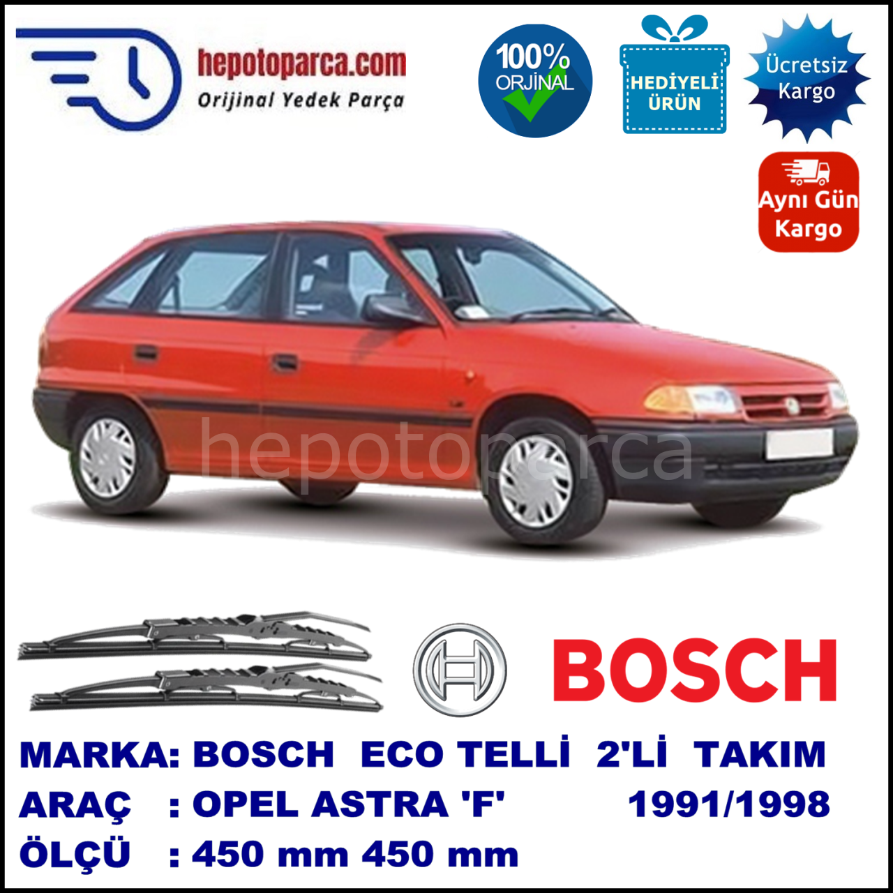 OPEL Astra [F] 09.91-02.98 450 / 450 mm. BOSCH ECO Telli Silecek 2'li Takım