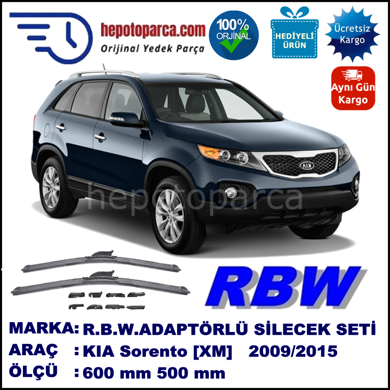 KIA Sorento [XM] 09.2009-..., 600 / 500 mm.  RBW  ADAPTÖRLÜ MUZ SİLECEK SETİ