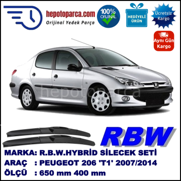IRAN KHODRO Peugeot 206 SD  07.07-... 650 / 400 mm. RBW Hybrid Silecek Seti. U Kanca Uyumlu Hibrit