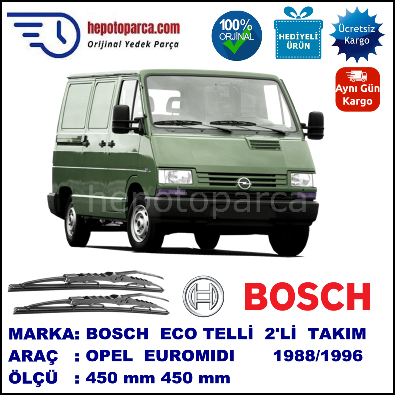 OPEL Euromidi  09.88-08.96 450 / 450 mm. BOSCH ECO Telli Silecek 2'li Takım