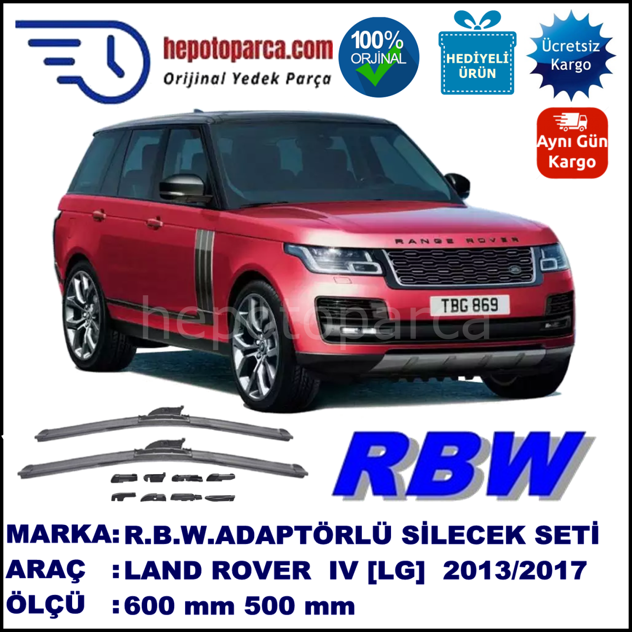LAND ROVER  Range Rover IV [LG] 02.2013-..., 600 / 500 mm.  RBW  ADAPTÖRLÜ MUZ SİLECEK SETİ