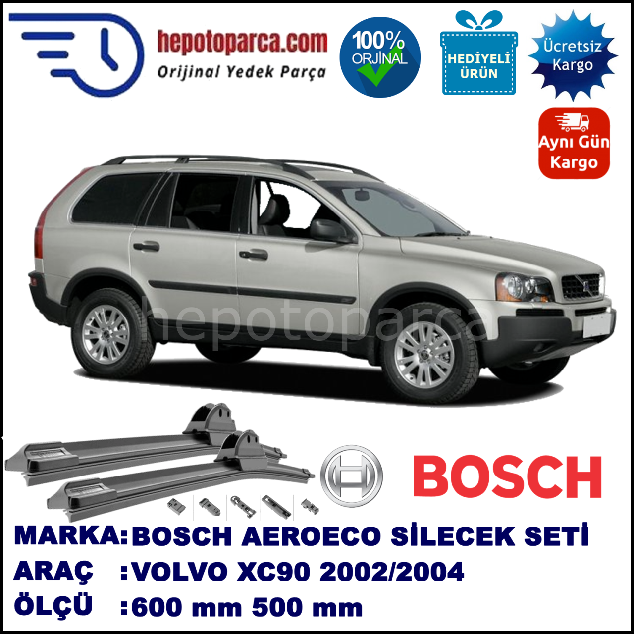VOLVO XC90  10.2002-07.2004, 600 / 500 mm. BOSCH AEROECO Aparatlı Muz Silecek
