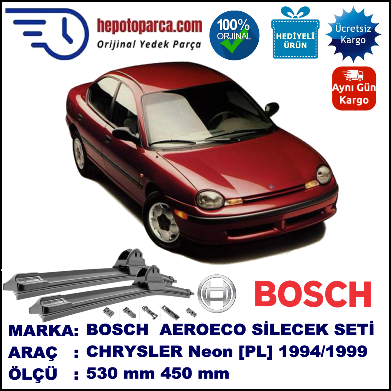 CHRYSLER Neon [PL] 06.1994-06.1999, 530 / 450 mm. BOSCH AEROECO Aparatlı Muz Silecek