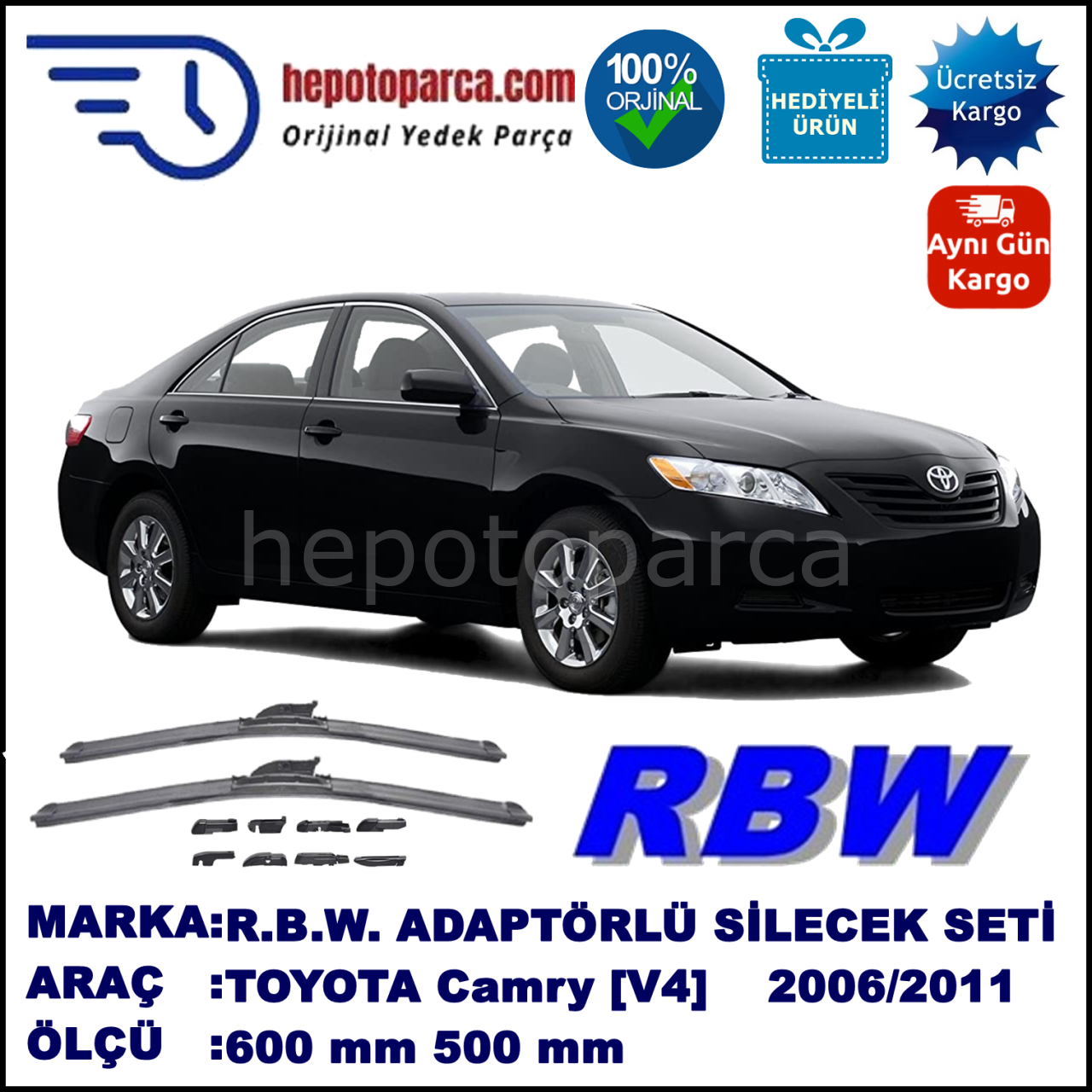 TOYOTA Camry [V4] 01.2006-..., 600 / 500 mm.  RBW  ADAPTÖRLÜ MUZ SİLECEK SETİ