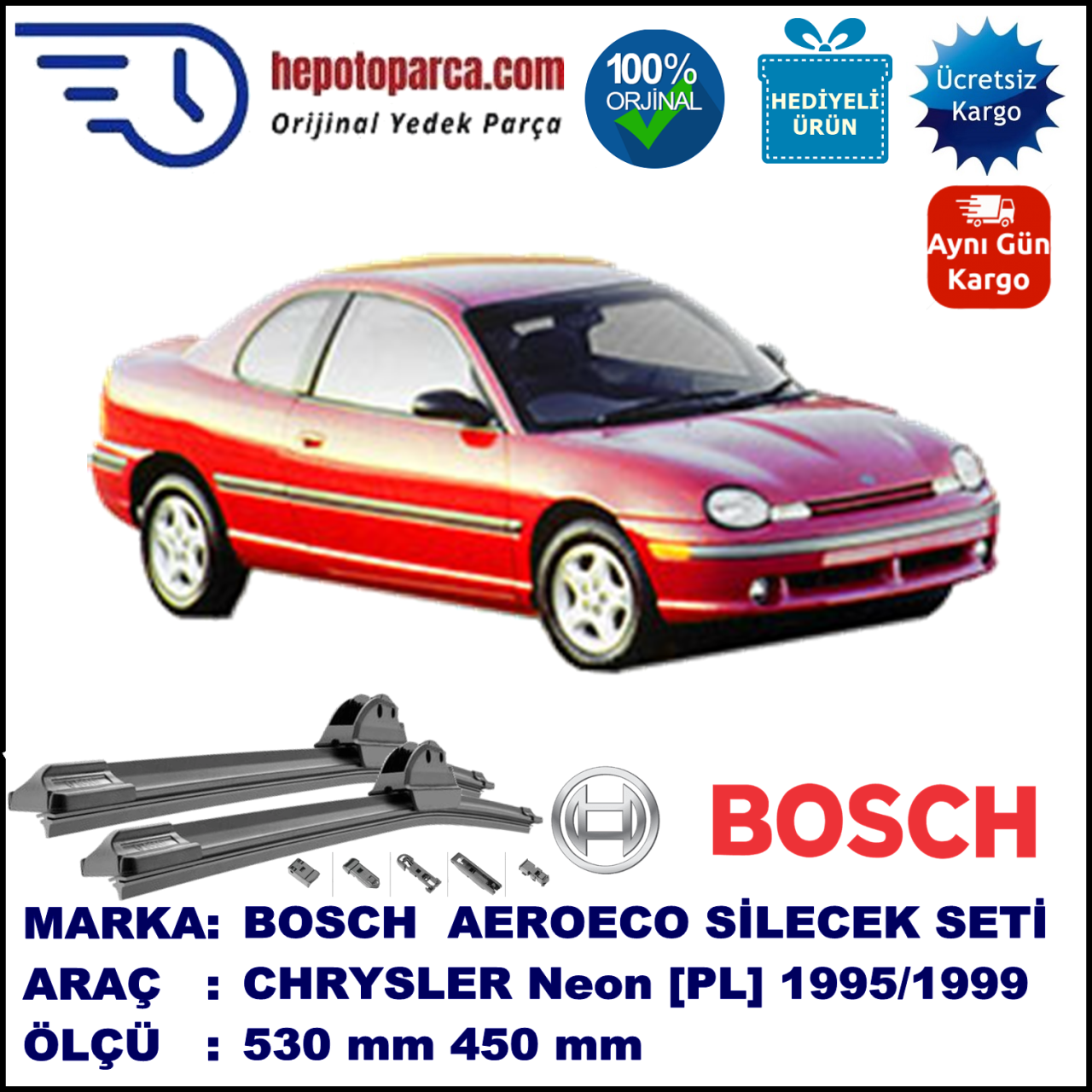 CHRYSLER Neon Coupé [PL] 09.1995-06.1999, 530 / 450 mm. BOSCH AEROECO Aparatlı Muz Silecek