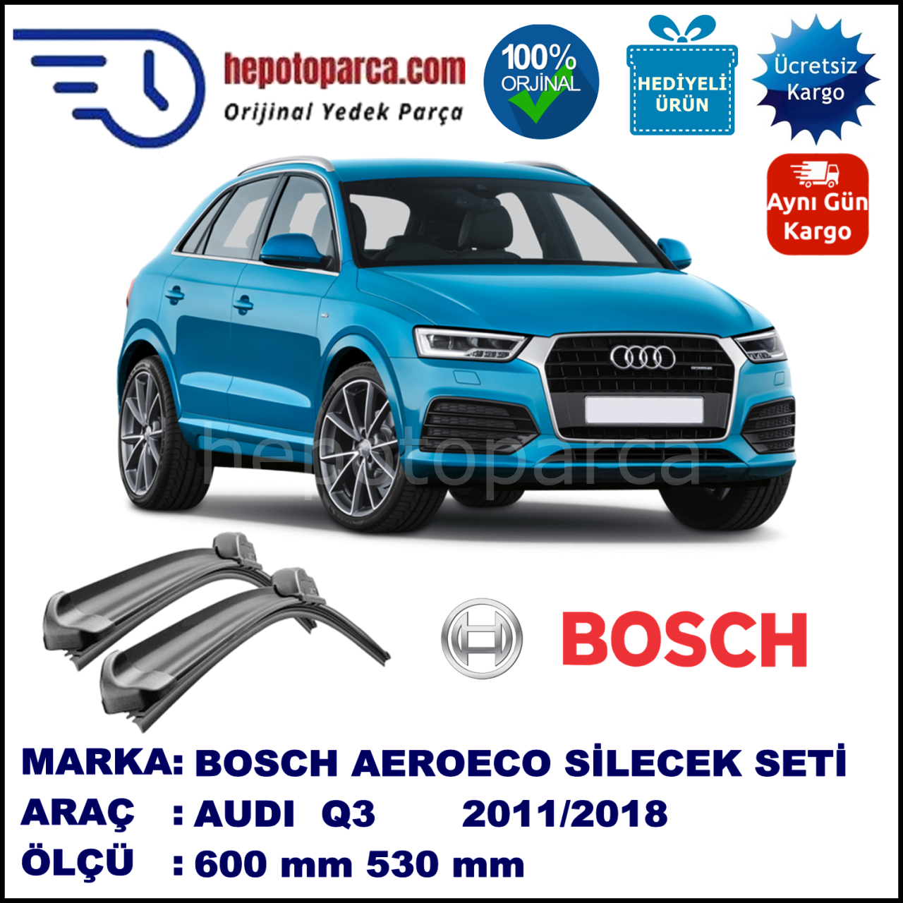 AUDI Q3 [8UB] 06.2011-..., 600 / 530 mm. BOSCH AEROECO Aparatlı Muz Silecek