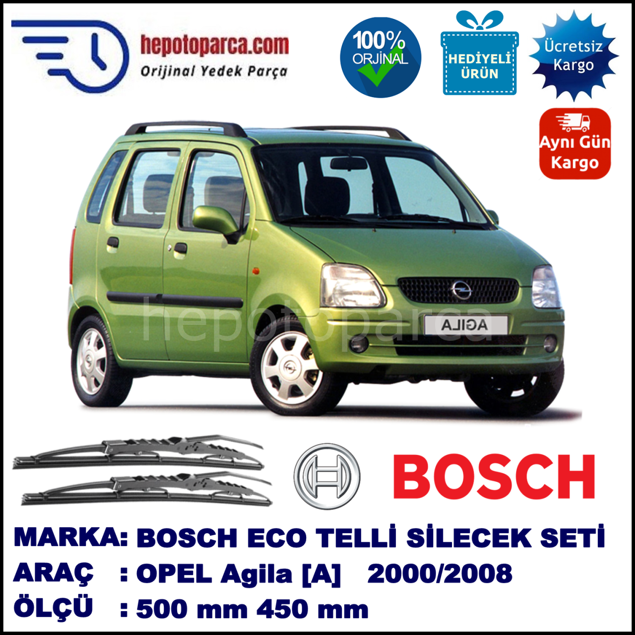 OPEL Agila [A] 06.00-02.08 500 / 450 mm. BOSCH ECO Telli Silecek 2'li Takım