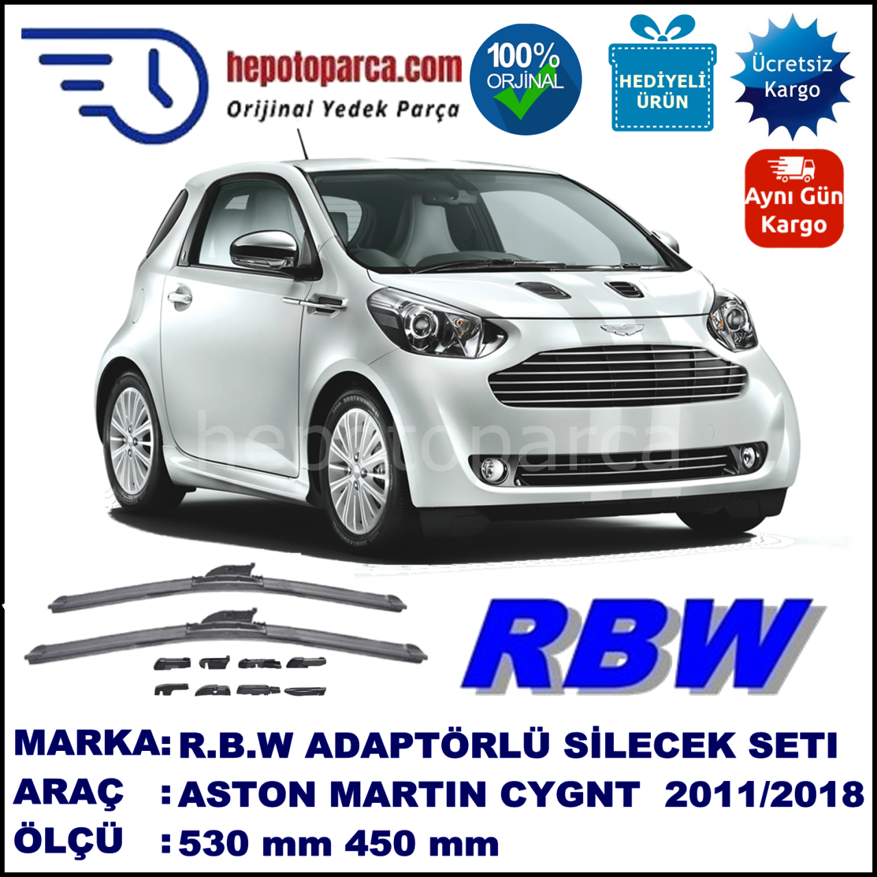 ASTON MARTIN Cygnet  04.2011-..., 530 / 450 mm.  RBW  ADAPTÖRLÜ MUZ SİLECEK SETİ