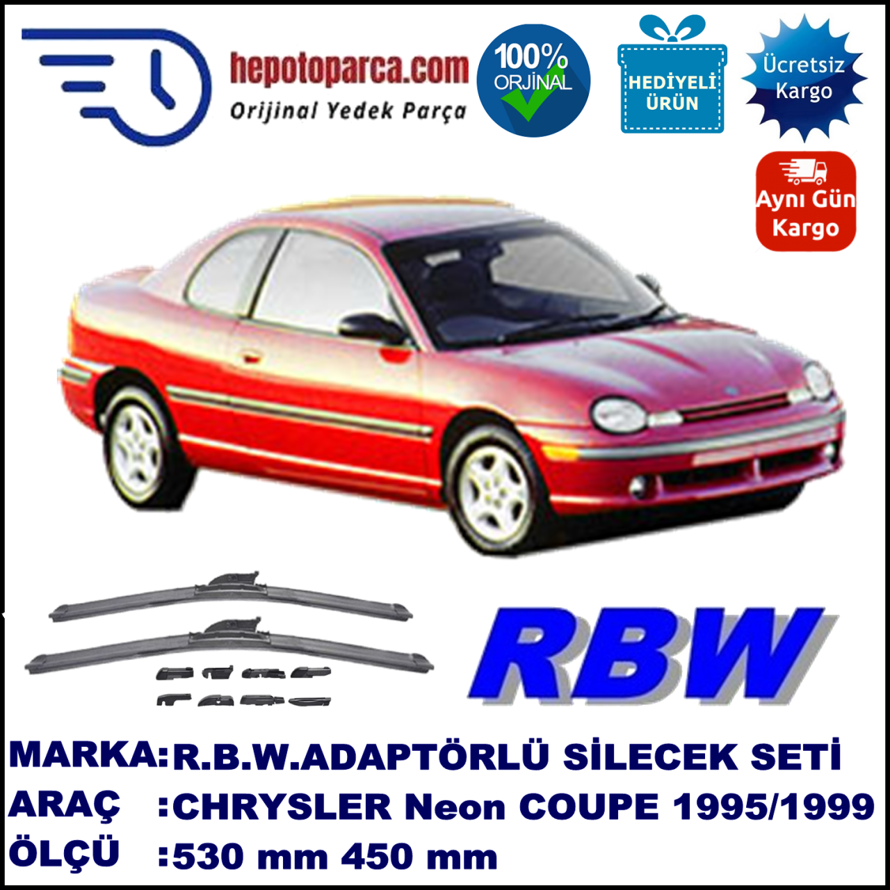 CHRYSLER Neon Coupé [PL] 09.1995-06.1999, 530 / 450 mm.  RBW  ADAPTÖRLÜ MUZ SİLECEK SETİ
