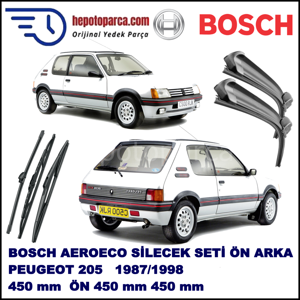 PEUGEOT 205  10,1987-09,1998 Bosch Aeroeco Ön ve Arka Silecek Takımı