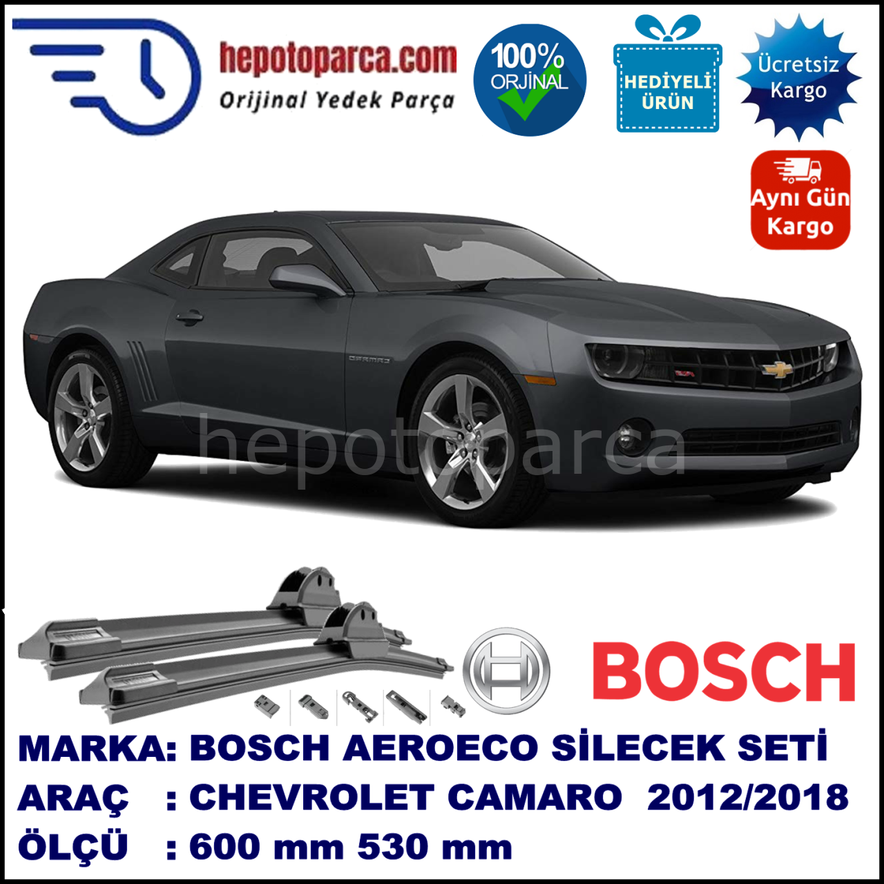 CHEVROLET Camaro  09.2011-..., 600 / 530 mm. BOSCH AEROECO Aparatlı Muz Silecek