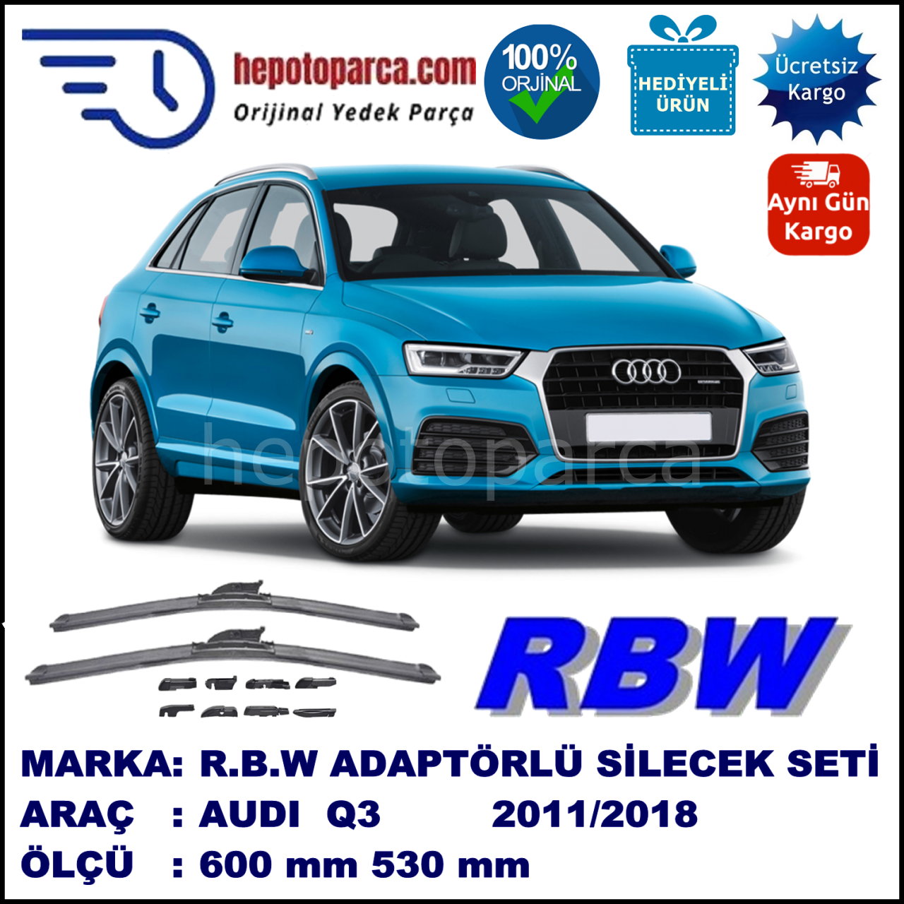 AUDI Q3 [8UB] 06.2011-..., 600 / 530 mm.  RBW  ADAPTÖRLÜ MUZ SİLECEK SETİ