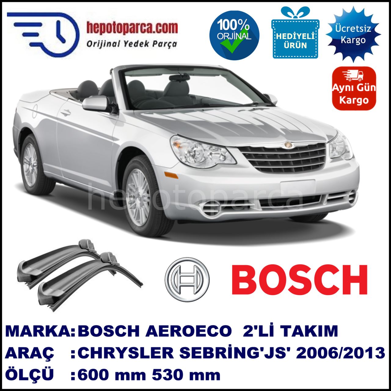 CHRYSLER Sebring Convertible [JS] 09.2006-..., 600 / 530 mm. BOSCH AEROECO Aparatlı Muz Silecek