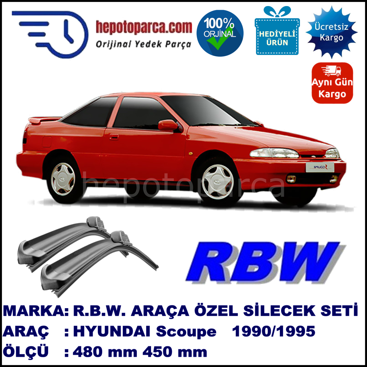 HYUNDAI Scoupe  02.90-04.95 480 / 450 mm. RBW Muz Silecek Seti  2'li Takım. U Kanca Uyumludur.