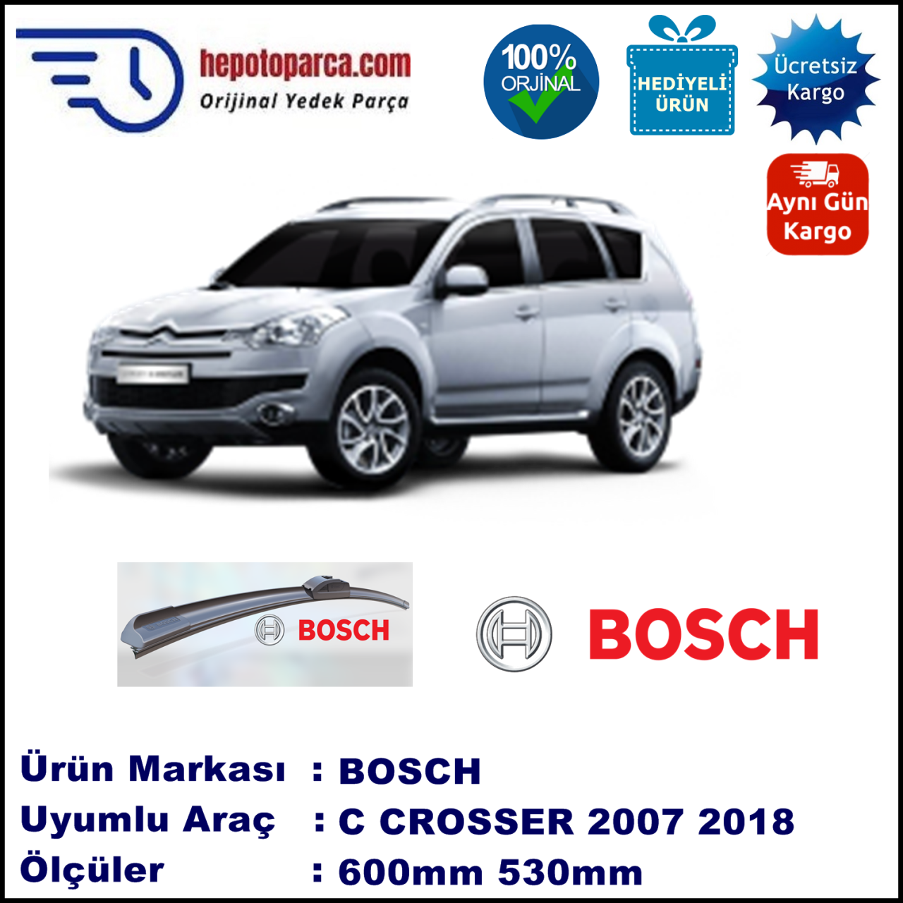 CITROEN C-Crosser [I4] 09.2007-..., 600 / 530 mm. BOSCH AEROECO Aparatlı Muz Silecek