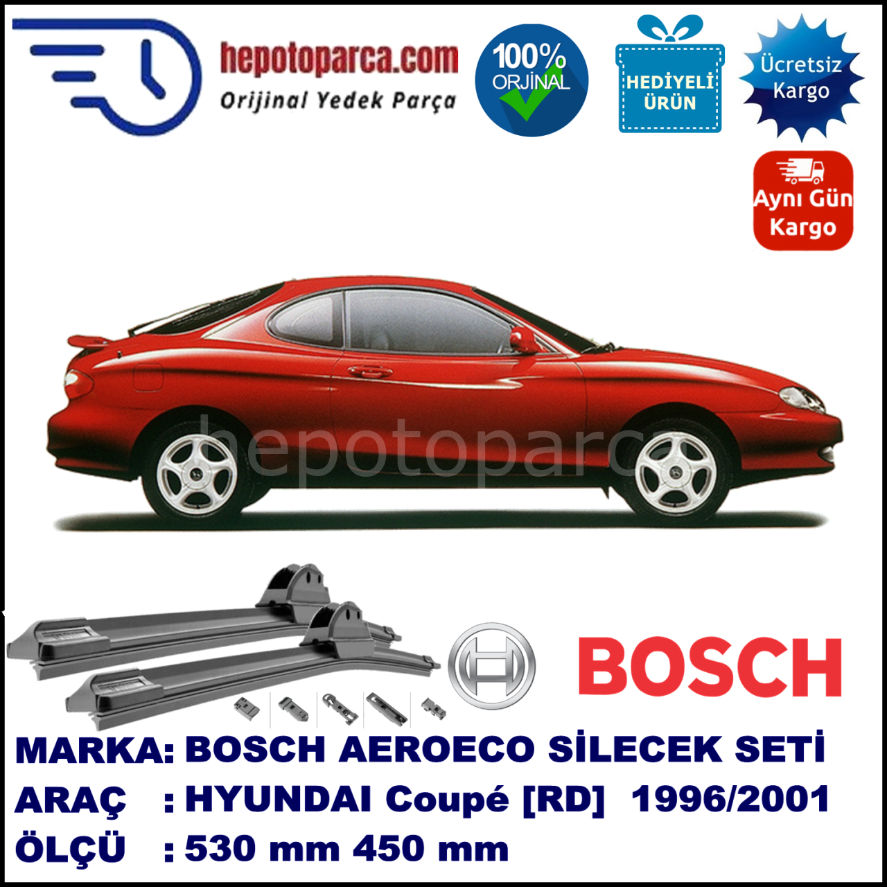 HYUNDAI Coupé [RD] 05.1996-09.2001, 530 / 450 mm. BOSCH AEROECO Aparatlı Muz Silecek