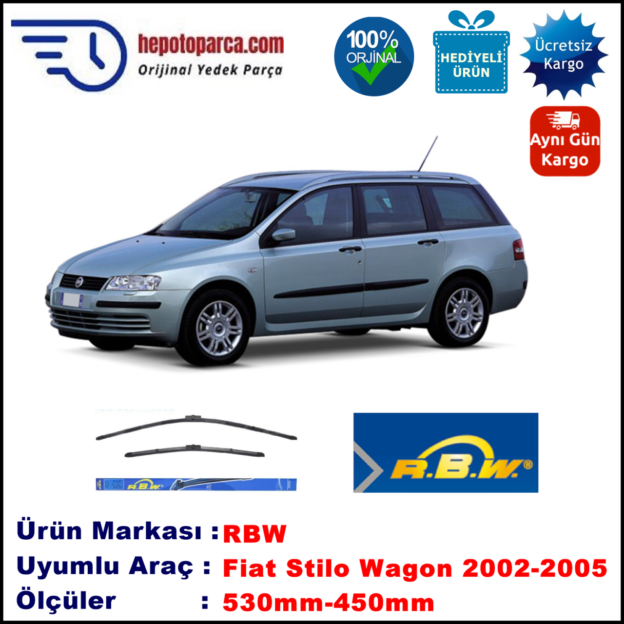 FIAT Stilo Multi Wagon [192..] 10.2002-06.2005, 530 / 450 mm.  RBW  ADAPTÖRLÜ MUZ SİLECEK SETİ
