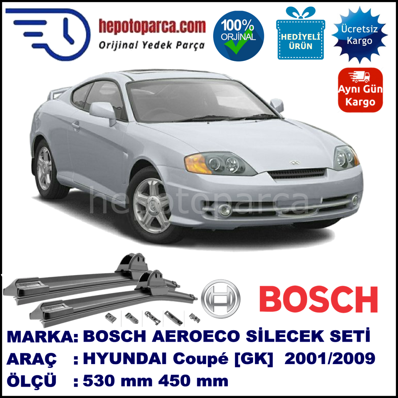 HYUNDAI Coupé [GK] 10.2001-08.2009, 530 / 450 mm. BOSCH AEROECO Aparatlı Muz Silecek