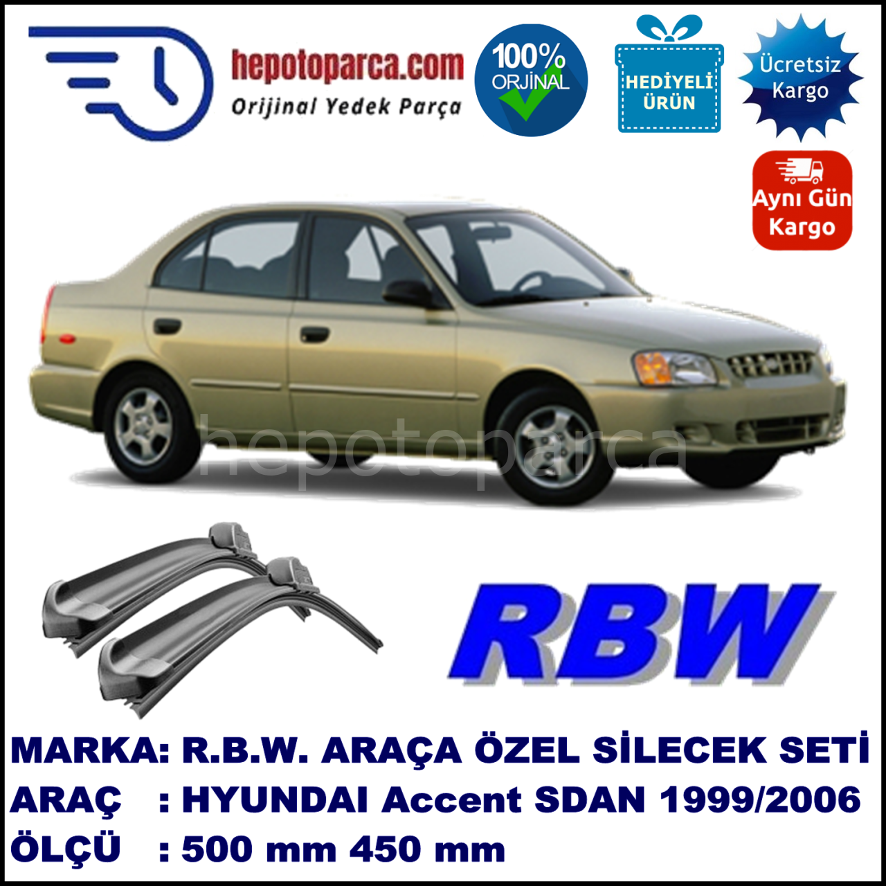 HYUNDAI Accent [LC] 05.99-... 500 / 450 mm. RBW Muz Silecek Seti  2'li Takım. U Kanca Uyumludur.