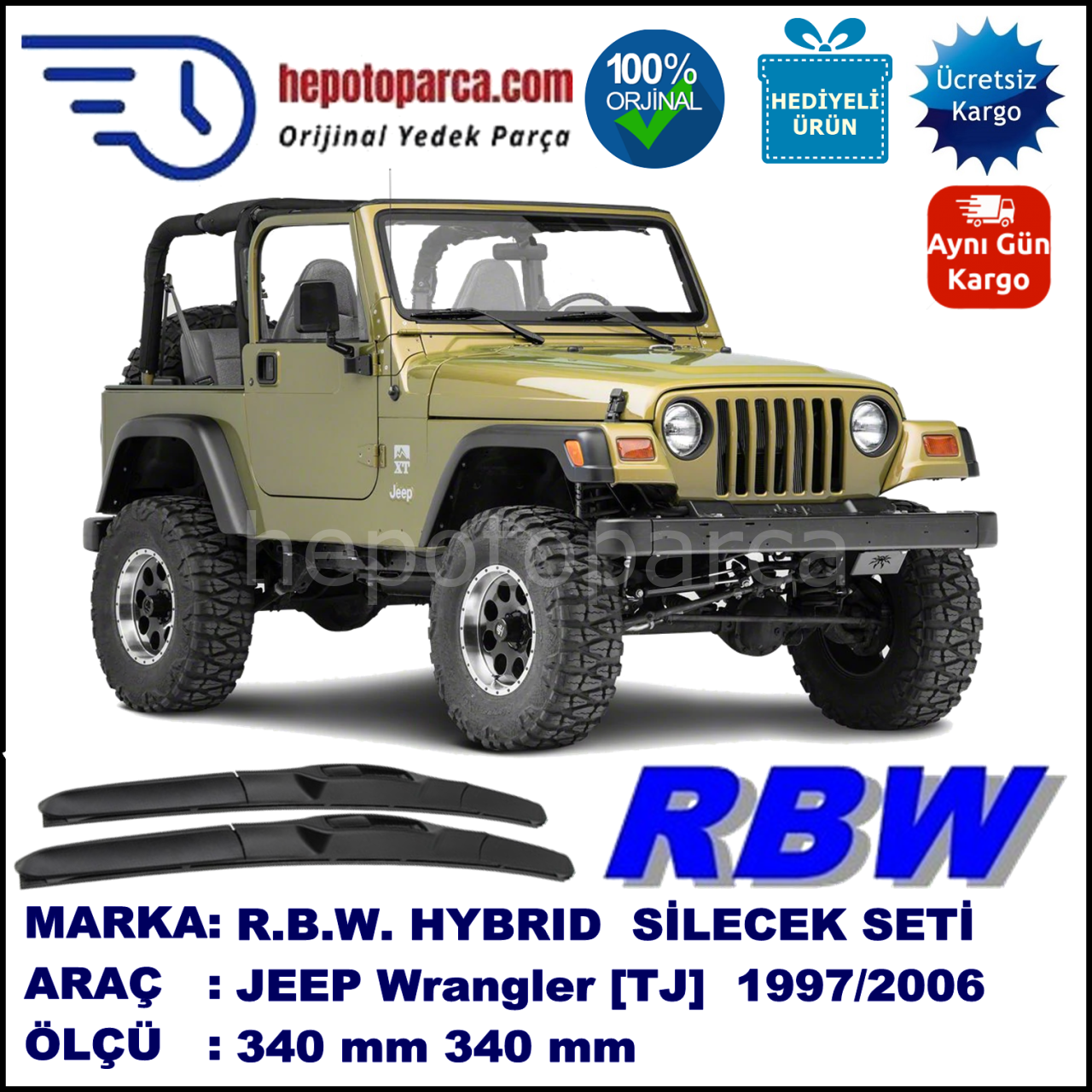 JEEP Wrangler [TJ] 01.97-12.06 340 / 340 mm. RBW Hybrid Silecek Seti. U Kanca Uyumlu Hibrit