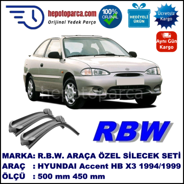 HYUNDAI Accent Hatchback [X3] 07.94-07.99 500 / 450 mm. RBW Muz Silecek Seti  2'li Takım. U Kanca Uyumludur.