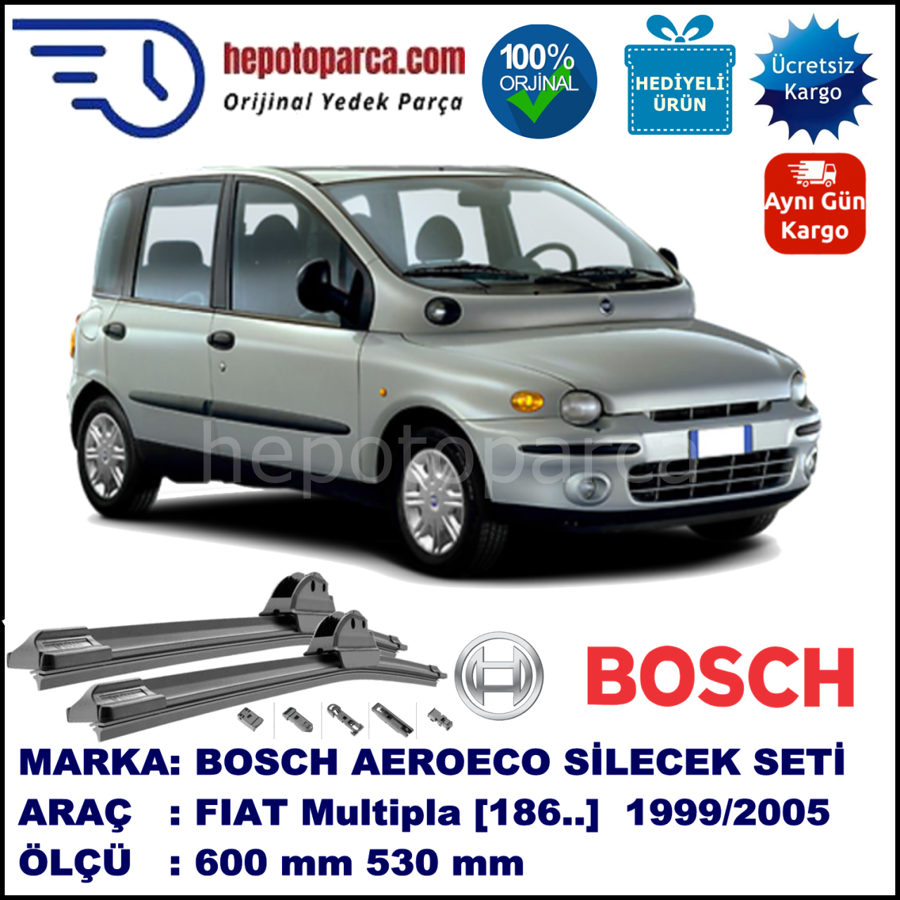 FIAT Multipla [186..] 01.1999-12.2005, 600 / 530 mm. BOSCH AEROECO Aparatlı Muz Silecek