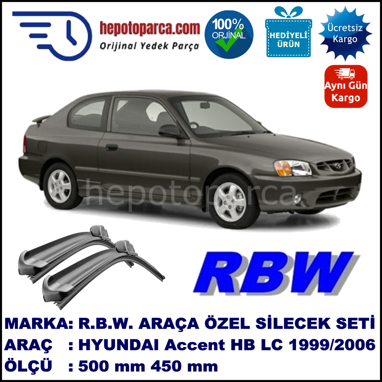 HYUNDAI Accent Hatchback [LC] 08.99-06.06 500 / 450 mm. RBW Muz Silecek Seti  2'li Takım. U Kanca Uyumludur.